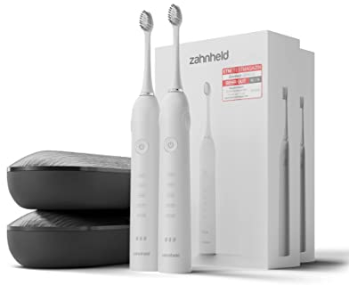 ZAHNHELD® Doppelpack, 2x elektrische Schallzahnbürsten GERO, inkl. 2x Bürstenköpfe & 2x Reiseetuis | Für eine sanfte & effektive Reinigung