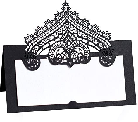 50 tarjetas de boda cortadas con láser, tarjetas de nombre plegadas, cartulina en blanco para bodas, mesas de banquetes, mesa, bufé, baby shower, despedida de soltera (negro)