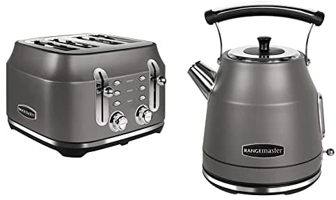 Rangemaster RMCL4S201GY Classic Grey 2.1kW 4 Slice Toaster & RMCLDK201GY Grey Cordless Electric 1.7L 3kW Classic Kettle with Quick & Quiet Boil, Boil Dry Protection & 2 Year Guarantee (Grey)