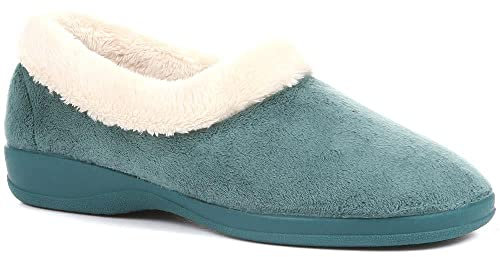 Pavers Women's Fluffy Slippers in Teal - Faux Fur Slip-Ons Offering Warmth and Comfort - Distinctive Fur Collar Design - Size UK 7 / EU 40
