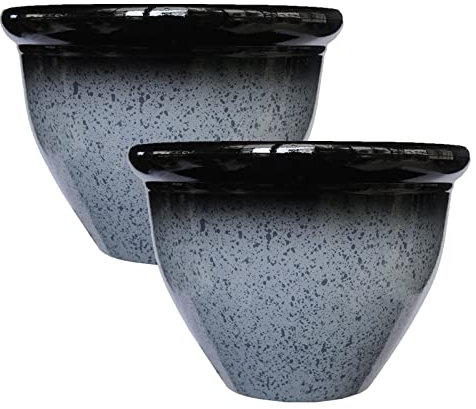 simpa Speckle Glaze Effect Plastic Planter Pots - GREY, Set of 2 Pots - 30cm (H) x 39.5cm Diameter