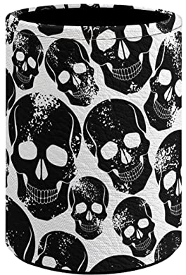 Kuiaobaty Black Skull Student Round Large Capacity Pencil Holder, Gothic Skulls PU Leather Pen Pot for Home Classroom Office Desk Storage Tubular Penrack