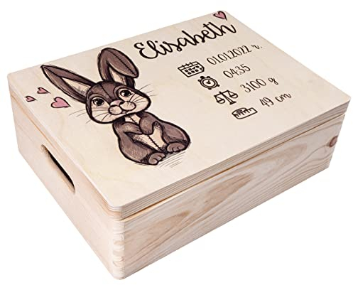 Creative Deco Erinnerungsbox Baby Personalisiert mit Namen - Hase | 40 x 30 x 14 cm | Individuelle Erinnerungskiste Geschenk zur Geburt für Mädchen und Jungen | Holzkiste mit Deckel | Farbdruck