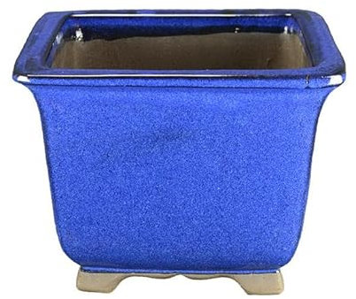 Pot à bonsaï carré en grès émaillé bleu 17x17x15 cm - 2845b