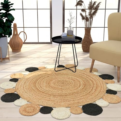 TT Home Jute Teppich Rund Wohnzimmer Esszimmer Boho Modern Handgemacht Mit Umrandung, Farbe:Schwarz, Größe:100 cm Rund