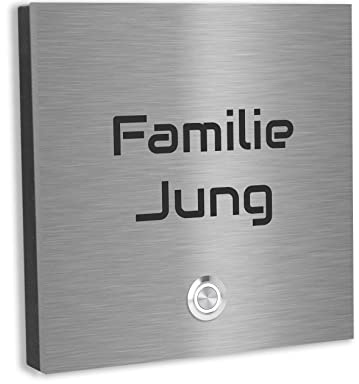 Jung Edelstahl Design Türklingel Wien - Klingel V2A Edelstahl - incl. Gravur - LED Taster wählbar - Aufputz/Unterputztürklingel (Edelstahl, 15x15 cm)
