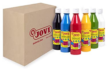 Jovi - Témpera líquida, Estuche 6 botes de 500ml, Colores Primarios, Pintura a base de ingredientes naturales, Fácil de lavar, Sin gluten, Ideal para uso escolar (506/6A)