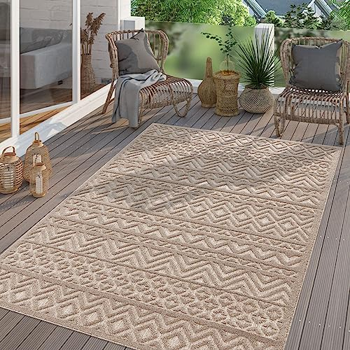 TT Home In-& Outdoor Teppich Wetterfest Balkon Küche Wohnzimmer Boho Skandi Design, Farbe:Hellcreme Beige, Größe:80x150 cm