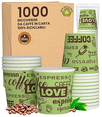 Eurocali 1000 Bicchierini in Carta per Caffè 65ml LoveGreenCUP Bicchieri Ecologici Biodegradabili Monouso Piccoli Asporto Bevande Calde