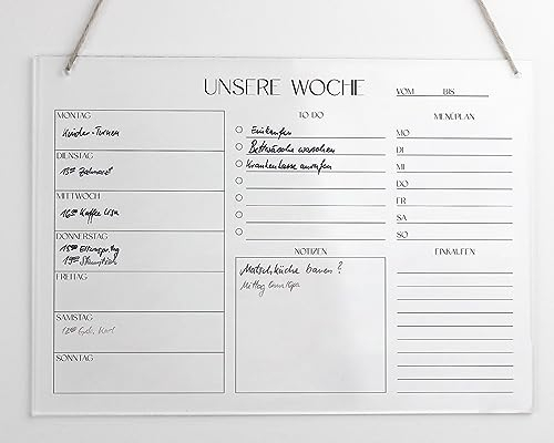 Wochenplaner Acryl A4 A3 | Wandplaner für die Woche abwischbar | Wandkalender | To Do Liste | Menüplaner | Acrylglas (A4 mit Stabilo Stift)