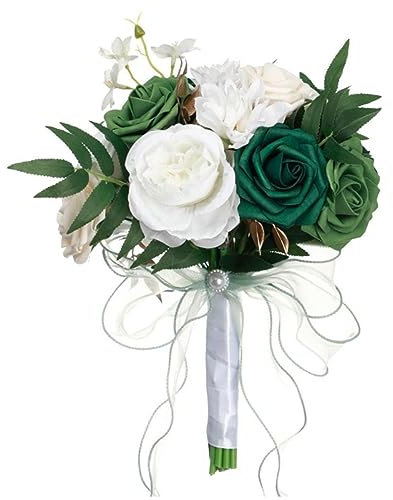 Easnea Künstliche Blumen Hochzeitssträuße Rosen Blumenstrauß, Kunstblumen Blumenstrauß, Seide Brautstrauß Seidenrosen Braut Hochzeitsstrauß Brautjungfernsträuße für Hochzeitsdekoration (Grün Weiß)