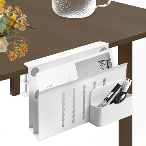 Schreibtisch Seitenaufbewahrung, Unter Schreibtisch Aufbewahrung, Hängender Schreibtisch Organizer aus Stahl, Kein Bohren Kabelkanal Kabelhalter mit Stifthalter, Laptop Halterung für Büro (weiß)