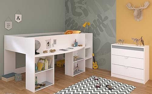 Jugendzimmer Pirouette 16 2-teilig von Parisot in Weiß und Rosa/Kieselgrau mit Hochbett und Kommode…