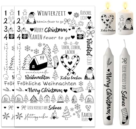 ALLAVA 2 Stück Kerzentattoos Weihnachten A4, Kerzentatoo Weihnachten, Wasserschiebefolie Kerzen, Kerzensticker Kerzenfolie für Kerze Tasse DIY Geschenk, Kerzen Dekorieren, Kerzensprüche (C)