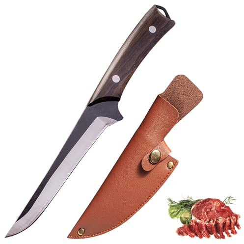 Fubinaty Kochmesser handgefertigtes geschmiedetes Ausbeinmesser hoher Kohlenstoffstahl Jagdmesser Full Tang Outdoor Küche Kochmesser mit Lederscheide und Holzgriff