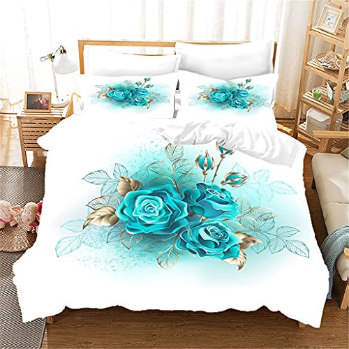 Bedding Double Bed Set Peacock Blue Rose Duvet Cover Sets Soft Microfibre Double Duvet Set Hypoallergenic Duvet Covers Washable Bedding Zipper Closure Duvet Set with 2 Pillowcases 50x75cm
