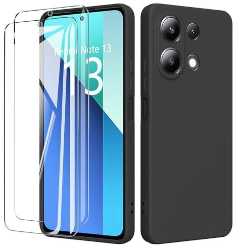 binandteam Funda para Xiaomi Redmi Note 13 4G con 2 Protector de Pantalla,Ultra Slim Protectora Carcasa de Silicona Líquida TPU Anti-Choque Suave Case Cover - Negro