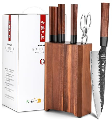 HEZHEN Set di Coltelli da Cucina Ceppi Portacoltelli, Coltello Santoku Stile Giapponese Coltelli da Chef, Forbici da Cucina Blocco Coltelli in Legno di Acacia