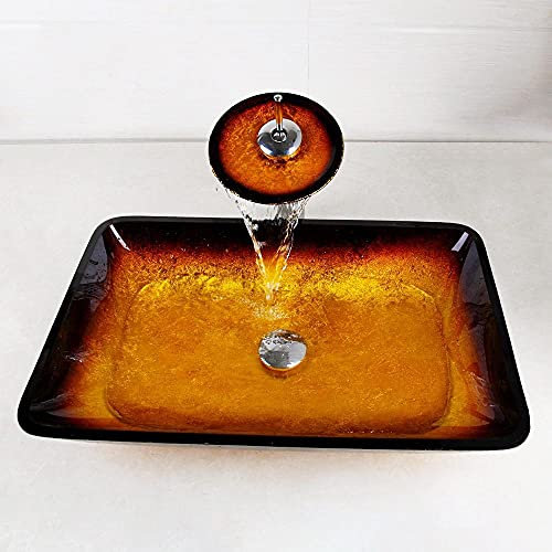 TIANHEY Gelbes, Schalenförmiges Set Aus Gehärtetem Glas Über Dem Waschbecken, Waschbecken-Wasserhahn, Wasserfall-Waschbecken-Wasserhahn, Gelbes Badezimmer-Waschbecken-Waschbecken-Set