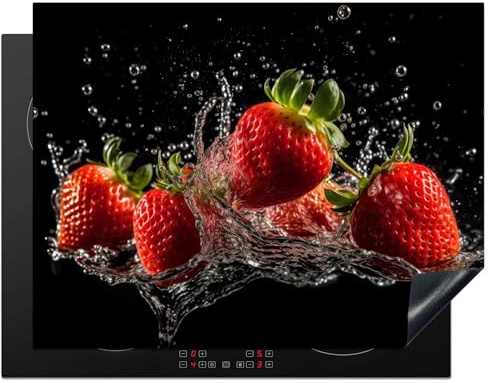 KitchenYeah© Protection Plaque Induction Protege Decoration Cuisine Cache | 77x59 cm - Protège De Cuisson Accessoire Fraise - Fruit - Rouge - Eau - Noir
