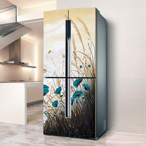 Fridge Wraps Kitchen Fridge Stickers Cover Full Doors, Fridge Sticker Full Covering Door Fridge Covers Decor, Freezer Skins Wall Stickers for Kitchen Decal, Oil Painting White Flower Blue