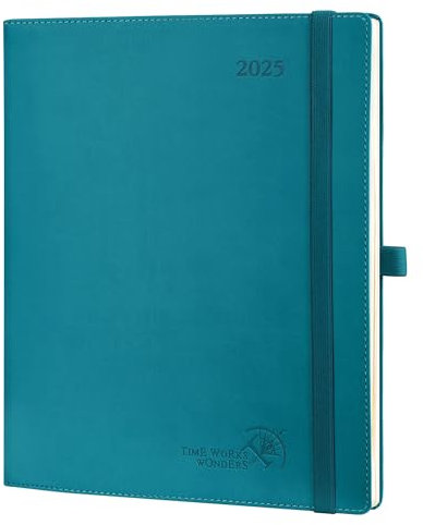 POPRUN Kalender 2025 Wochenplaner Softcover mit PU-Leder, ca. A4 (26,5 x 21,5 cm), 12-Monate-Terminplaner (Jan.2025-Dez.2025) 1 Woche 2 Seite mit 100 GSM Zertifiziertem Papier - Pazifikgrün