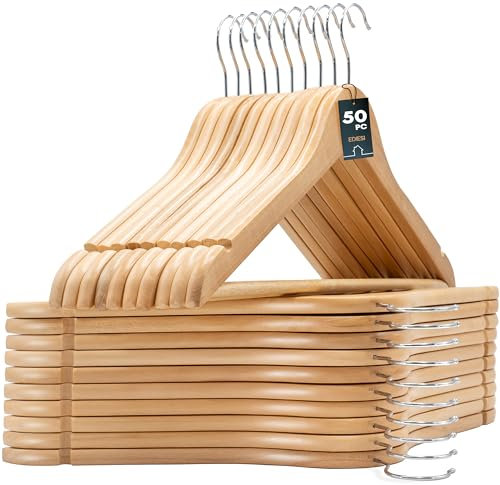 edihome, Perchas Madera, Pack de 20, Acabado Liso y Barnizado, para Organizar Ropa, Gancho Giratorio 360, Ranuras para Hombros, de Madera Maciza (Natural, 50 Unidades)
