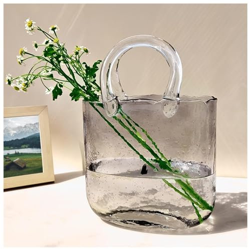 Handtaschenvase, transparente Geldbörsenvasen mit Henkel, Taschenvase, handgefertigte Glasvase, Glastaschenvase für Dekoration, Stil 1, Grau