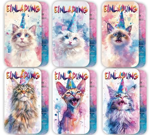 ZELAITE 12 süße Katze Einladungskarten Kindergeburtstag Jungs Mädchen, Stylishe Einladung zum Geburtstag für Jungs und Mädchen - Einladungskarten Geburtstag - Party Geburtstagseinladungen (L)