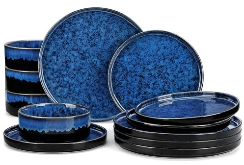 vancasso Starry Plates and Bowls Sets,12 Pieces Blue Dinnerware Sets for Kitchen,Modern Stoneware Dishes Set for 4,Dishwasher and Microwave Safe