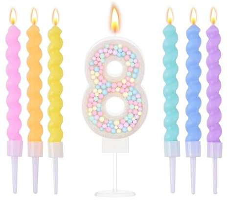 Ovaletta Macaron Geburtstagskerzen - Bunte Zahlen 8, Kerzen für Torte, Kerze 8, Zahlen (mit 6 Stücke)