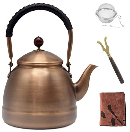 54.1oz Copper Tea Kettle for Stovetop Safe, Chinese Style Non-Coating Real Pure Copper Teapot with Tea Ball for Loose Tea, Handmade Solid Tea Pot(1600ml)