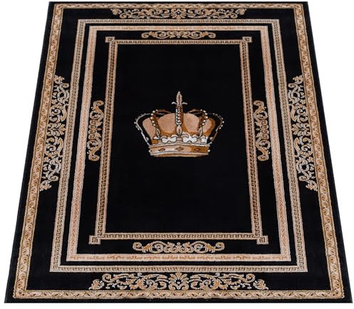Orient Teppich Läufer Wohnzimmer in Schwarz Gold mit Royal Krone Motiv Kurzflor Schlafzimmer Esszimmer Flur - orientalisch rutschfest weich antiallergisch 100% Polyester maschinengewebt (60 x 110 cm)