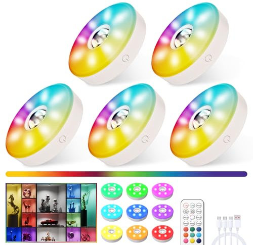 MEKKLEON RGB Schrankleuchten mit Fernbedienung, 15 Farben LED Schrankbeleuchtung, Magnetisch Dimmbar Led Unterbauleuchte, Kabellos Vitrinenbeleuchtung mit Timing Funktion(Weiß,5 PACK)