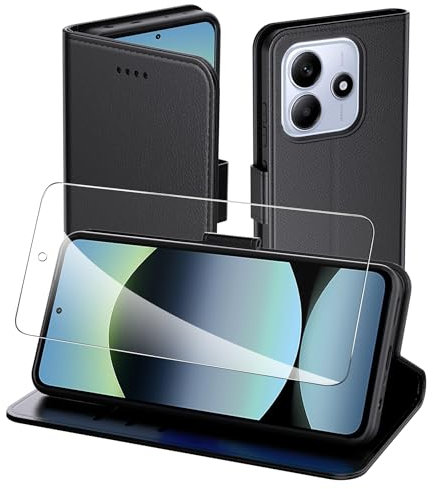 Aiziki Handyhülle für Xiaomi Redmi Note 14 4G Tasche+1pc panzerglas, RFID Leder Klappbar Schutzhülle Tasche Wallet Brieftasche Cover Flip Case Kompatibel mit Xiaomi Redmi Note 14 4G Hülle -Schwarz