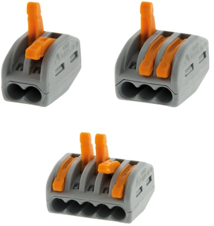 WAGO, Hebelklemmen Serie 222, 20er-Pack für starre, halbstarre und flexible Drähte 0,08-4 mm², Spannung 400 V, Strom 32 A, Abisolierlänge 9-10 mm, 5 x 2 Eingänge, 10 x 3 Eingänge, 5 x 5 Eingänge