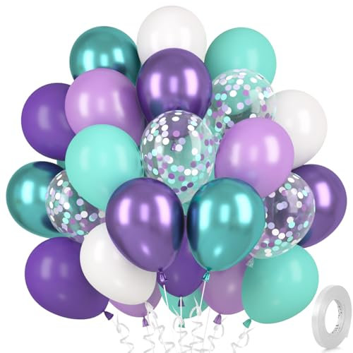 Ballons Violets Verts, 30 Turquoise Métallisés Violet, Macarons Violets-Sarcelle, Confettis Blancs à Hélium pour Filles Sirène Anniversaire Mariage Fiançailles Baby Shower