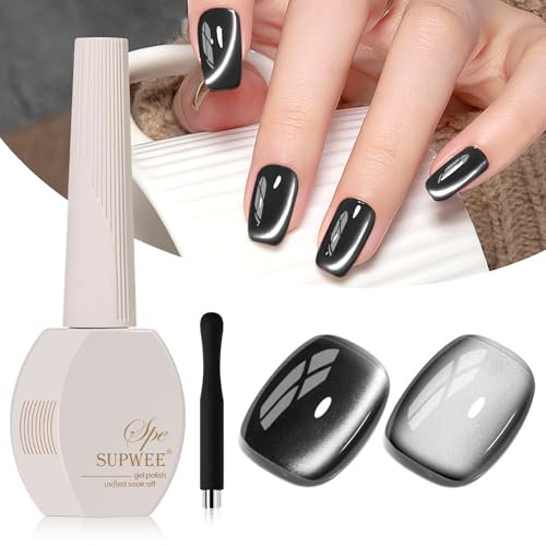 SUPWEE Cat Eye Gel Nail Polish, Cat Magnetic Gel 15ml Black Glitter Holographic Nail Polish with Magnet Shimmer Manicure Art Salon DIY at Home