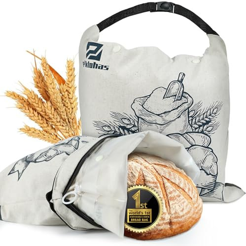 Detachable Sourdough Bread Bags, 2 Sets Bread Storage for Homemade Bread, Reusable Linen Food Storage with Lining & Triple Lock for Fresh Keeping, BPA Free, Ideal for Gifts