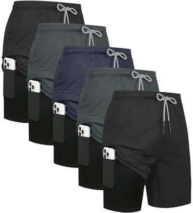 HOPLYNN 5 Pack Mens 2 in 1 Running Shorts with Liner, Quick Dry Workout Training Gym Athletic Sport Shorts with Pockets 2 Black 2 Gray 1 Blue Large