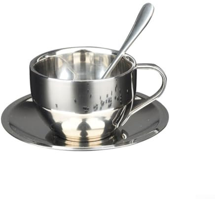 Juego de tazas de acero inoxidable con plato y cuchara para café, té, leche y jugo