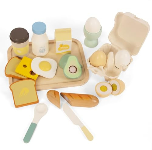 WoodenFun Set per la colazione in legno, gioco per bambini con caffè, uova, panini, burro, giocattolo educativo per bambini, 3 anni