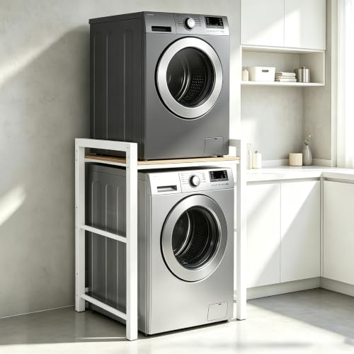 FUOIDYE Meuble Machine à Laver et Seche Linge, Étagère Machine à Laver - 3 Hauteurs Réglables, Superposition Lave Linge Seche Linge - Capacité Charge 350kg pour Buanderie Balcon ou Garage (Blanc)