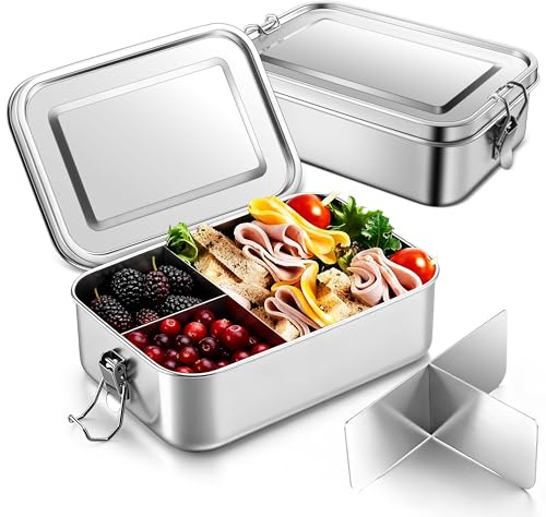 Homikit Edelstahl Brotdose 2400ml, 2 Stück Metall Bento Box mit Fächern | Lunchbox für Kinder & Erwachsene, Auslaufsicher Brotdose Snackbox mit Dichtring für Schule, Büro, Picknick, Spülmaschinenfest