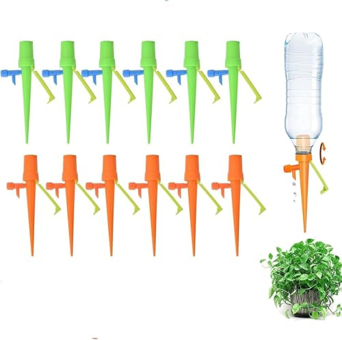 IKHPHE 12PCS Self Plant Watering Devices with Valve Control, Automatic Watering Spikes Devices with Slow Release and Anti-Tilt Anti-Down Bracket for Indoor Outdoor Plants Watering Drip Irrigation