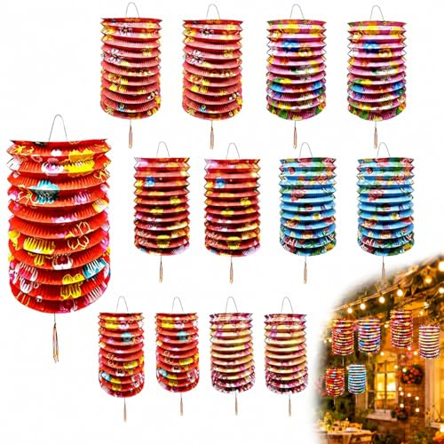 DERJDISF 12er Set Asiatische Papierlaternen – 6,3 Zoll, China Dekoration für Hochzeit, Geburtstag, Neujahr und Feiern, mit Fransen und Bändern, Indoor & Outdoor, Traditionelle chinesische Lampen