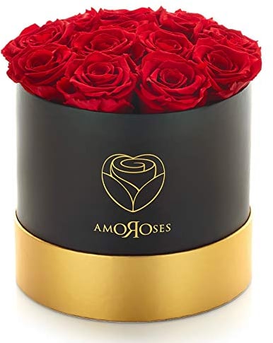Amoroses 12 Rose Stabilizzate Vere durano Anni - Idea Regalo per Lei Originale Elegante Bouquet per San Valentino e Altre Occasioni Speciali (Scatola Nera con Rose Rosse)