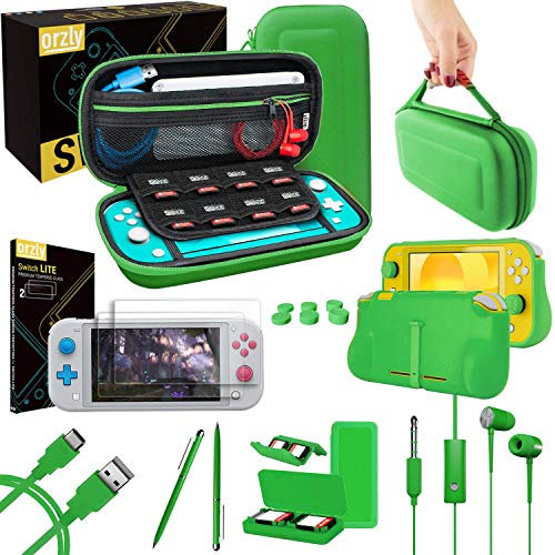 Orzly Kit Accessori per Nintendo Switch Lite - Include: Custodia e Pellicola Protettiva Switch Lite, Grip Case Cover, Cavo USB, Cuffie, e Altri Accessori Switch Lite - Verde