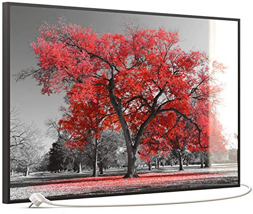 STEINFELD Heizsysteme® Glas Bildheizung Infrarotheizung mit Thermostat | Made in Germany | viele Motive 350-1200 Watt Rahmen schwarz (600 Watt, 010 roter Baum)