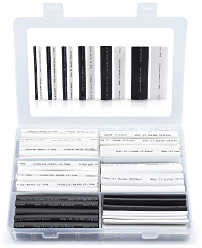 Wirefy Schrumpfschlauch Set mit Kleber - 3:1 Schrumpfverhältnis, Doppelwandiger Schrumpfschlauch Wasserdicht - Heat Shrink Tube Schwarz & Weiß - 130 Stück